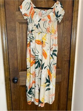 Cream Floral Smocked Maxi Jumpsuit with Orange & Green Botanical Print